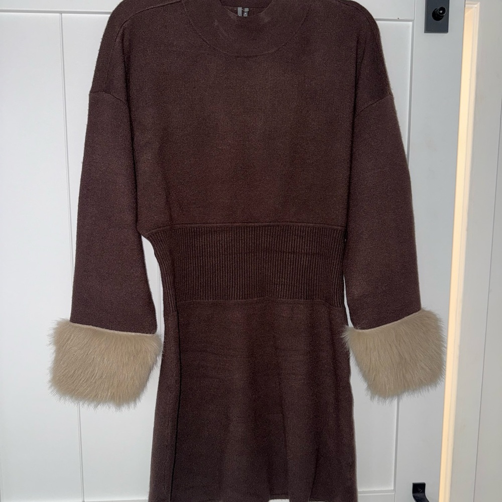 Anthropologie Brown Mini Dress with Tan Fur Cuffs